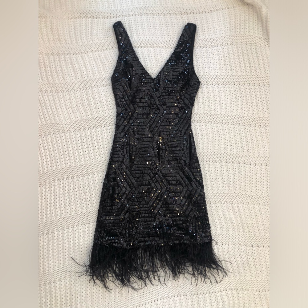Homecoming Black sequin and feather dress